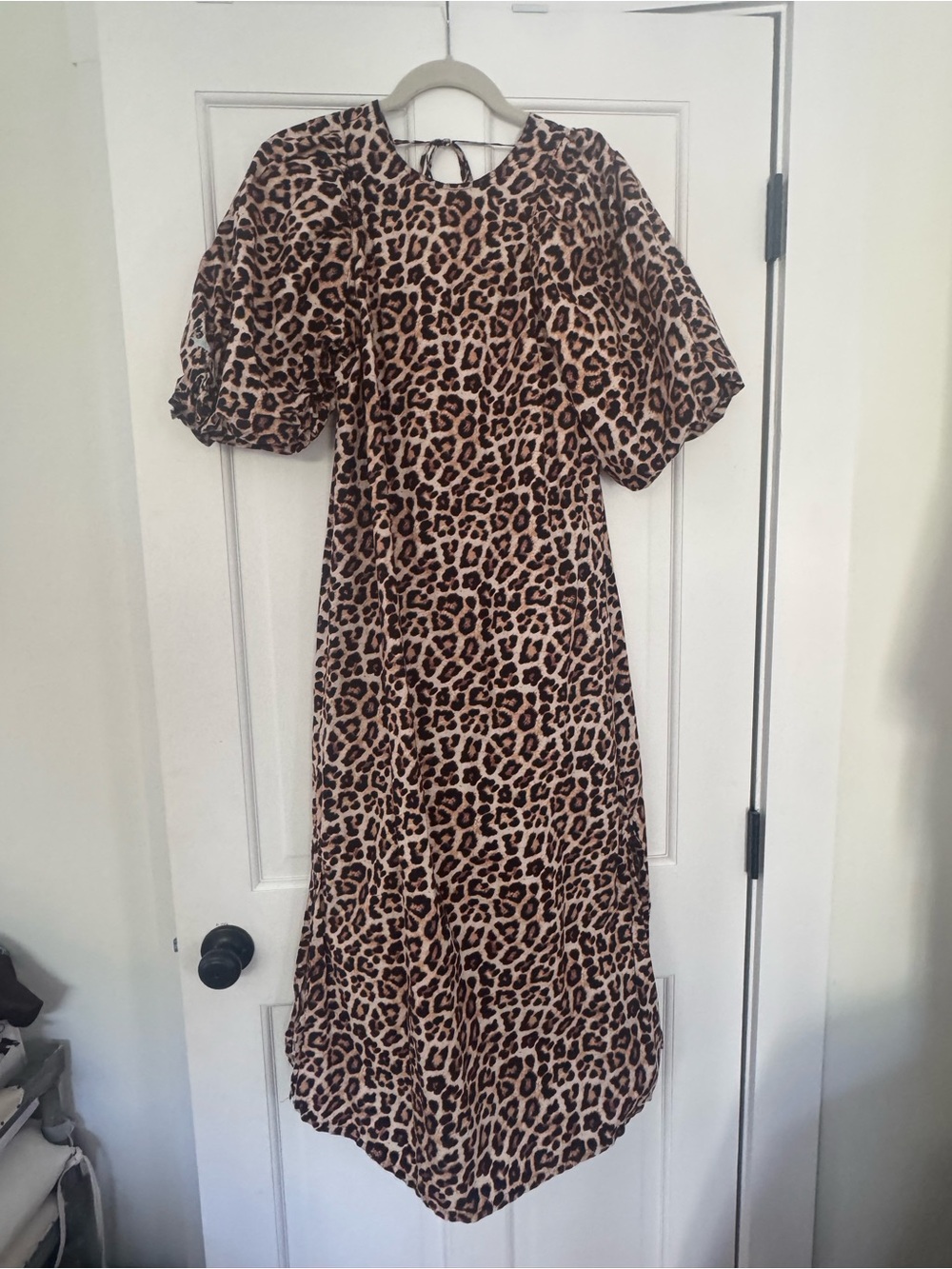 Leopard Print Puff-Sleeve Midi Dress - Brown